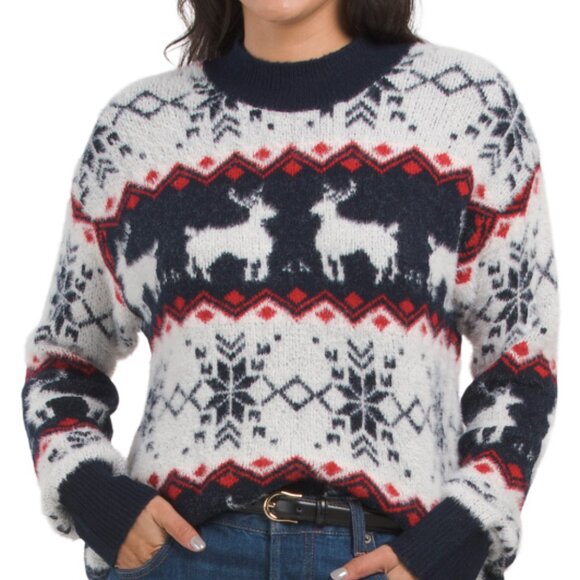 NEW  COCOBLEU Reindeer Sweater Navy Multi for women 168tn - Picture 1 of 4